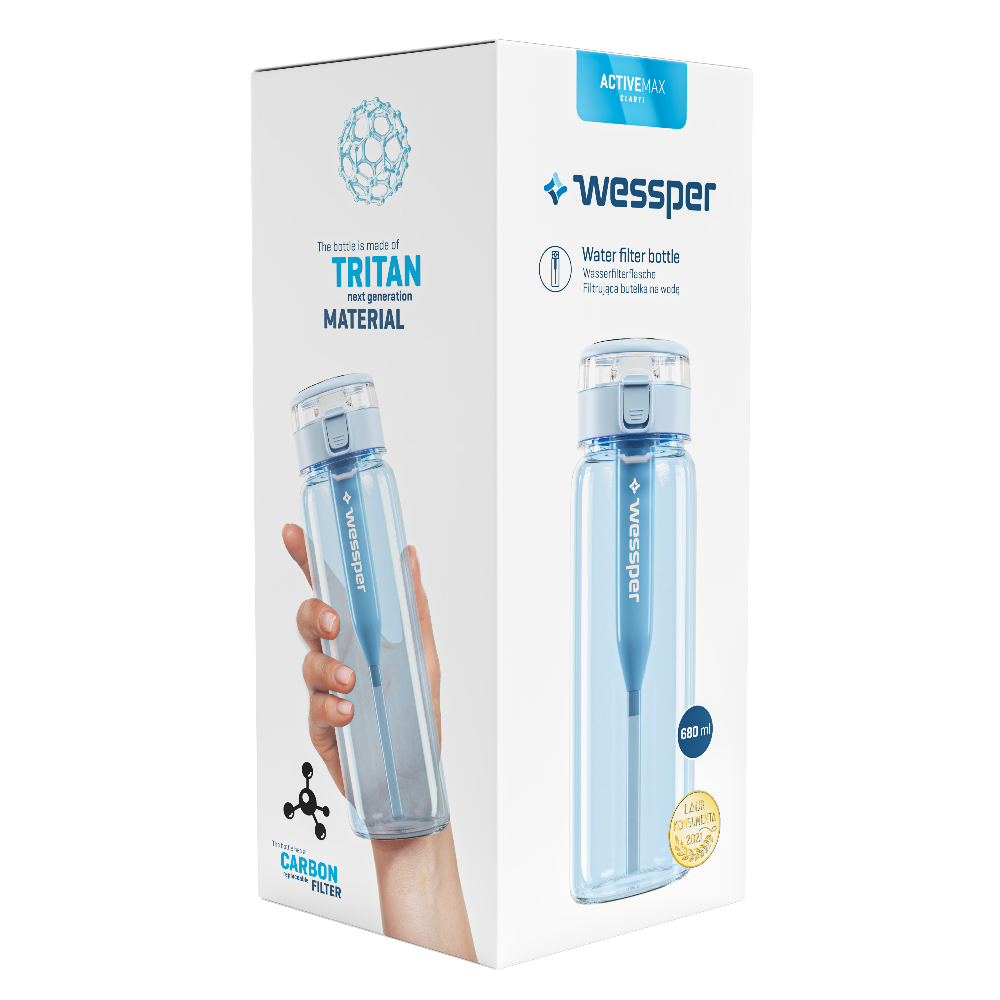 Wessper ActiveMax Blue tritanowa butelka filtrująca 680 ml – filtr węglowy usuwa chlor, ze słomką, bez BPA, szczelna, stylowa, ekologiczna, kolor: niebieska