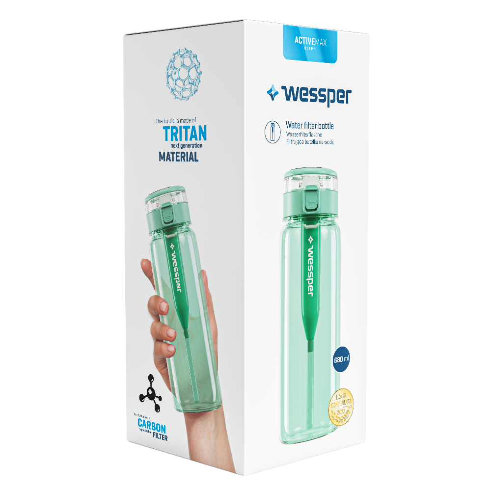 Wessper ActiveMax Mint tritanowa butelka filtrująca 680 ml – filtr węglowy usuwa chlor, ze słomką, bez BPA, szczelna, stylowa, ekologiczna, kolor: zielona