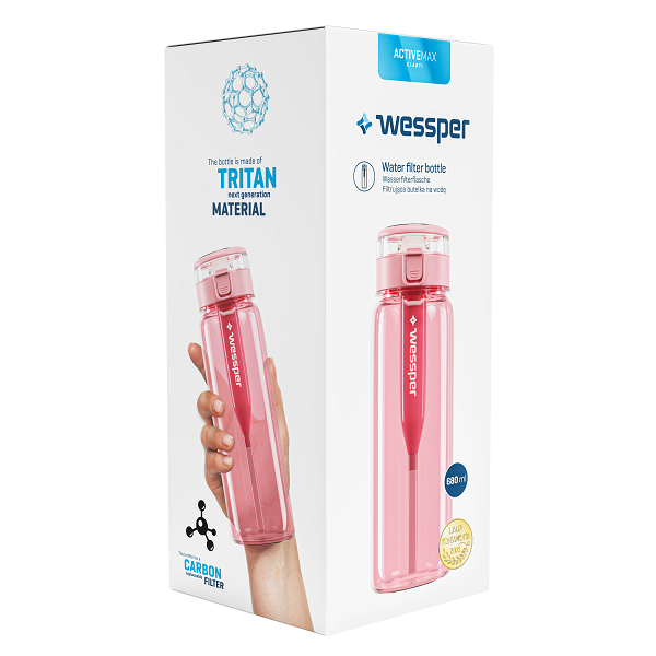 Wessper ActiveMax Pink  tritanowa butelka filtrująca 680 ml – filtr węglowy usuwa chlor, ze słomką, bez BPA, szczelna, stylowa, ekologiczna, kolor: różowa