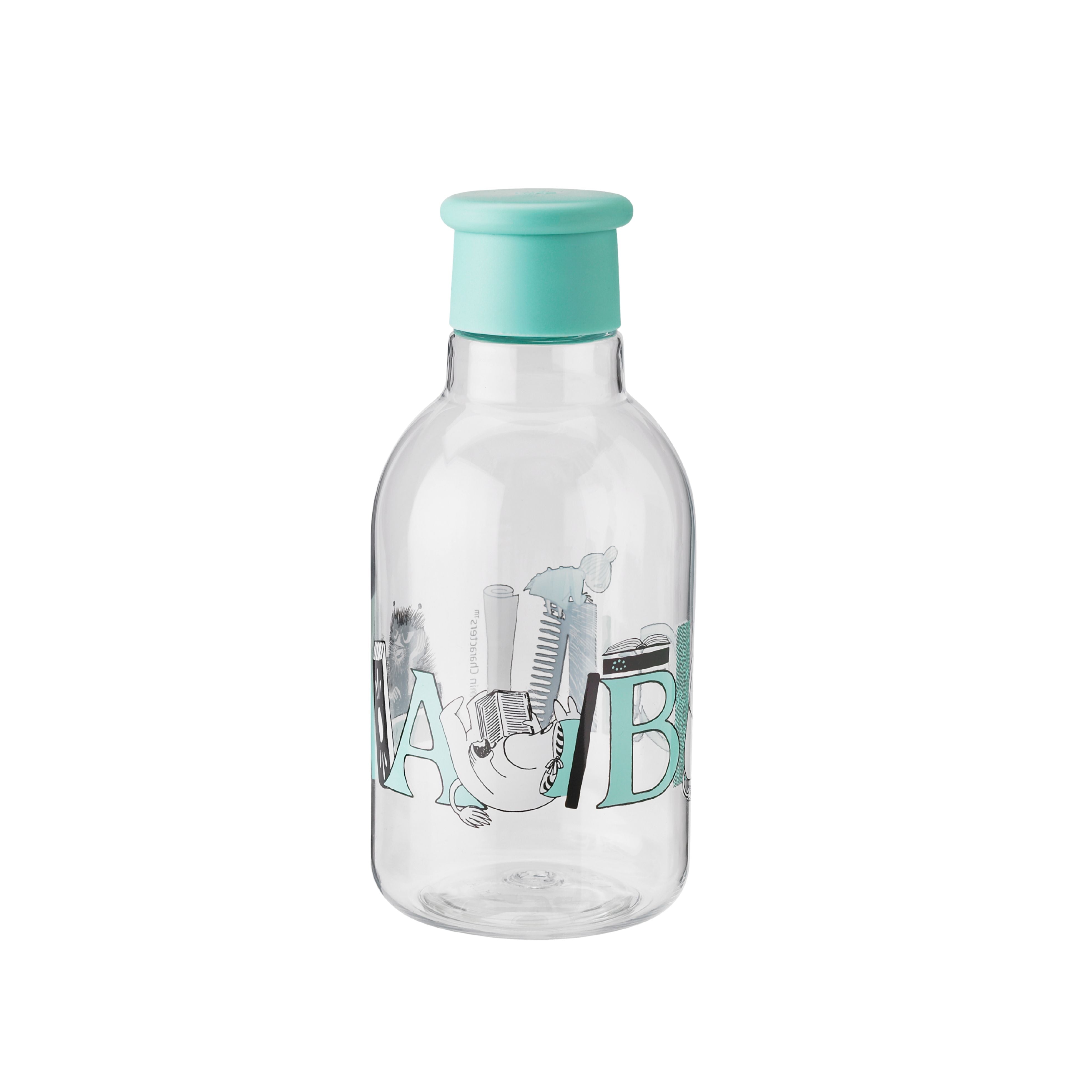 Turkusowa butelka na smoothie i wodę RIG-TIG DRIK-IT Turqouise - lekka i szczelna butelka z tritanu, szeroki wlew, ekologiczna, ze wzorem Muminków.