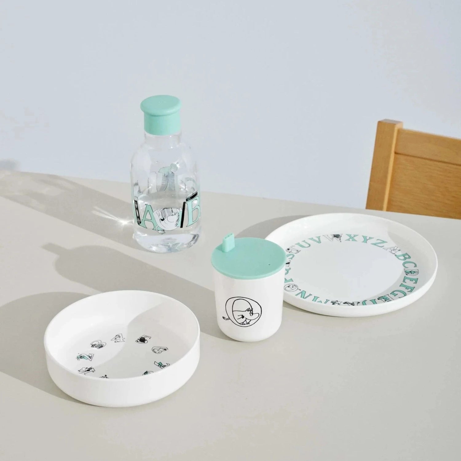 Turkusowa butelka na smoothie i wodę RIG-TIG DRIK-IT Turqouise - lekka i szczelna butelka z tritanu, szeroki wlew, ekologiczna, ze wzorem Muminków.