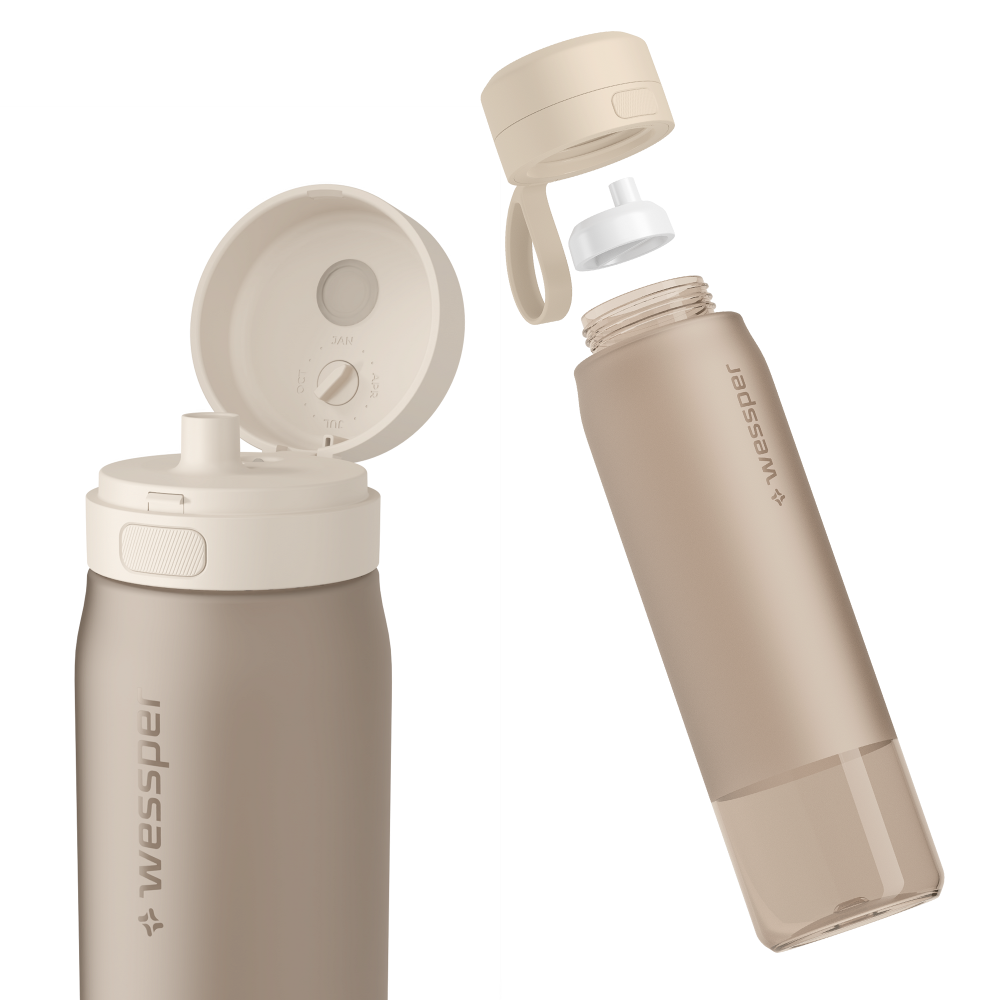Wessper Actitex™ Beige – lekka, tritanowa butelka filtrująca z filtrem Actitex™, pojemna, 1 l,  wolna od BPA, odporna, szczelna i ekologiczna, kolor: beźowa