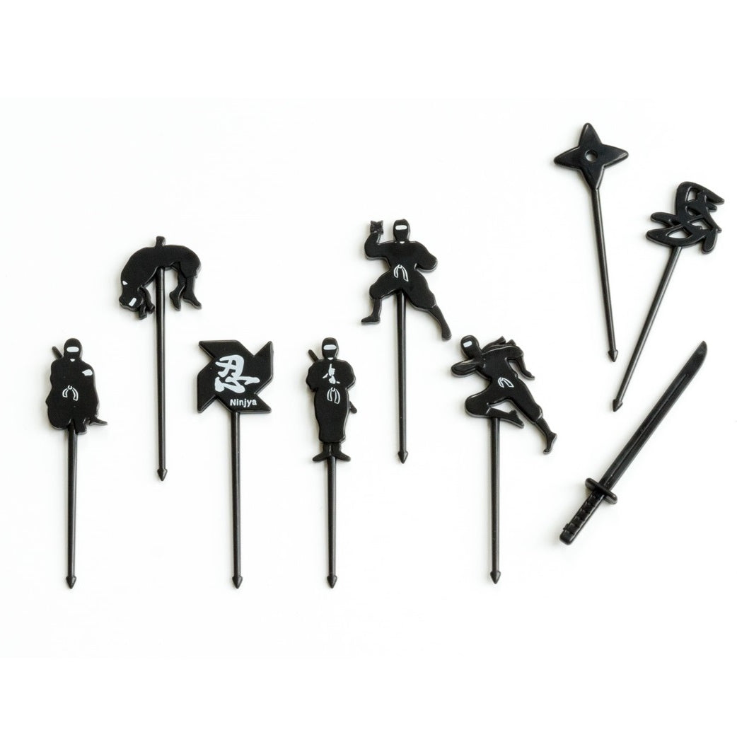 Lekkabox Ninja – zestaw 9 mini widelczyków z motywem ninja, idealne do bento boxów, owoców, warzyw i przekąsek dla dzieci.