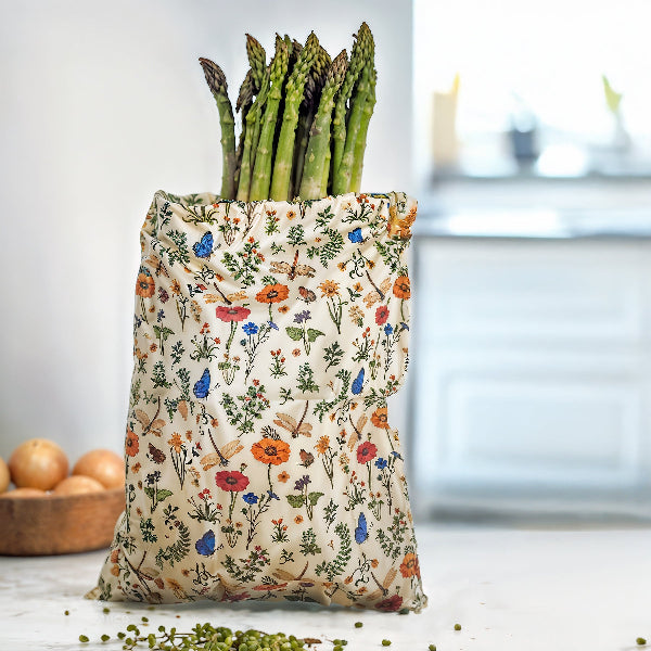 Woreczek na żywność BeePack Meadow– wielorazowe opakowanie z bawełny, antybakteryjny, bez plastiku, wzór: łąka