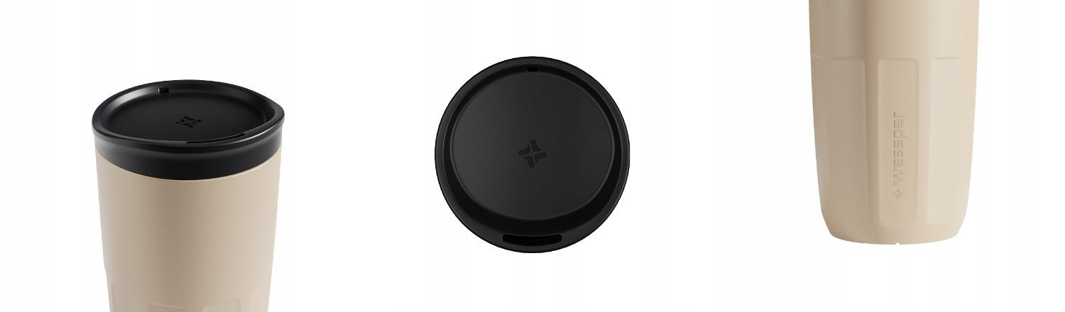 Wessper FIKA kubek wielorazowy 400 ml beżowy – na kawę i herbatę na wynos, bezpieczny, z pokrywką, do ciepłych i zimnych napojów, do zmywarki.