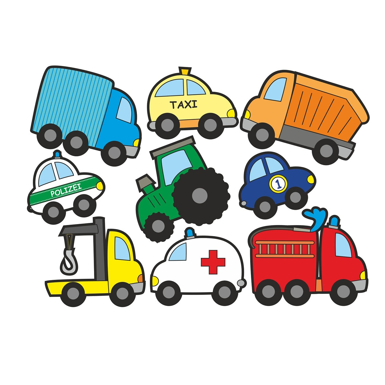 Naklejki pojazdy Jabalou, kolorowe i wodoodporne, z trwałym klejem, idealne do personalizacji lunch boxa, bidonu lub butelki dziecka.