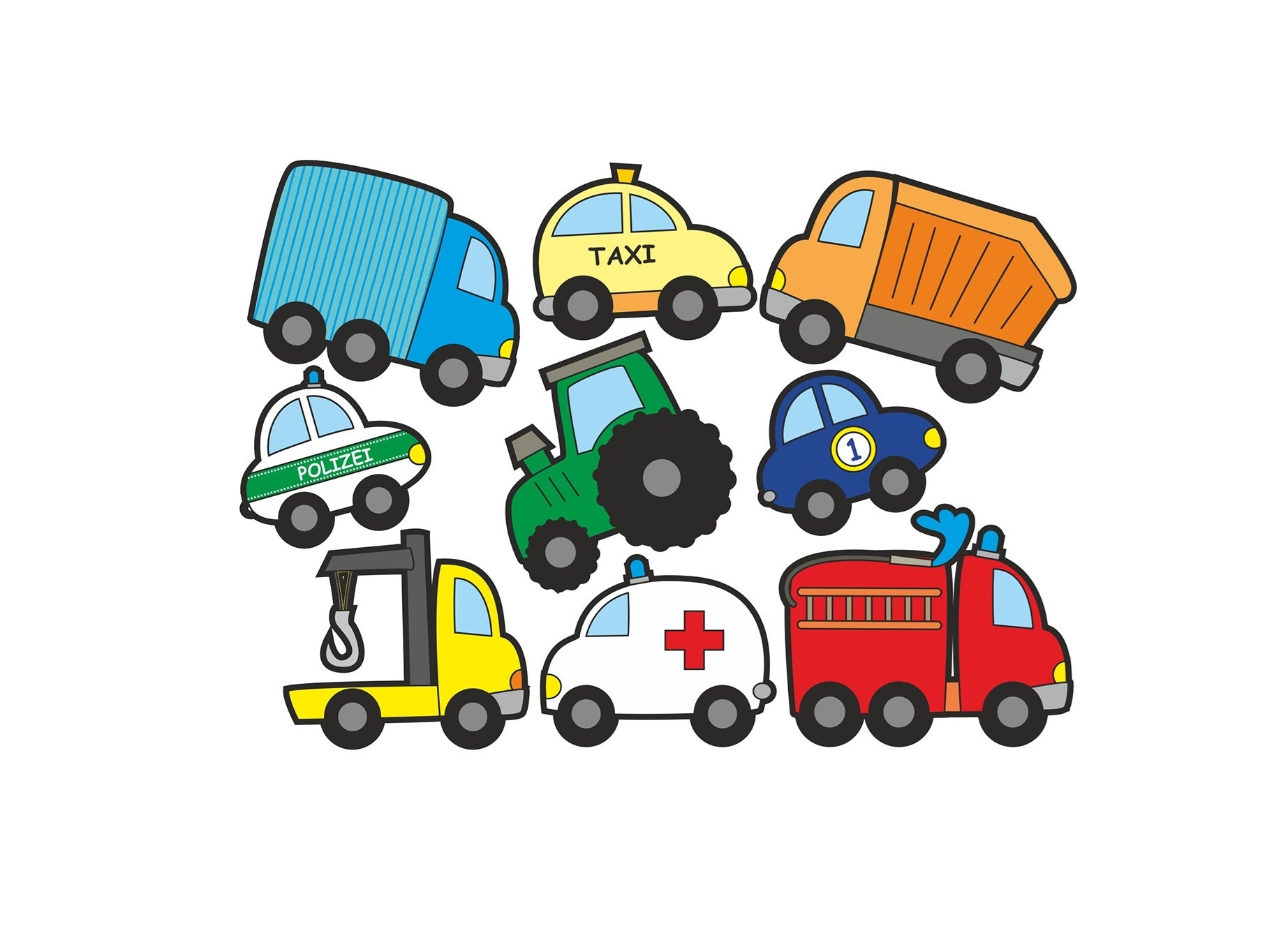 Naklejki pojazdy Jabalou, kolorowe i wodoodporne, z trwałym klejem, idealne do personalizacji lunch boxa, bidonu lub butelki dziecka.