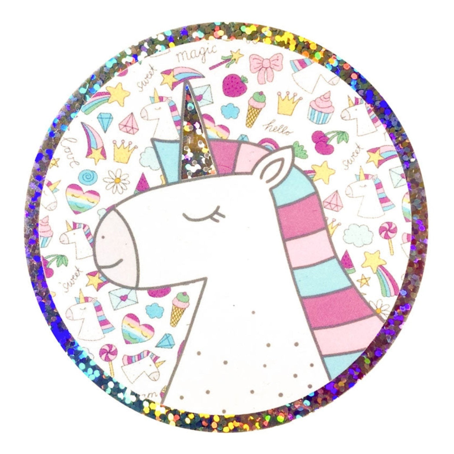 Naklejka jednorożec Jabalou, holograficzna i wodoodporna, do personalizacji lunch boxa lub bidonu, trwała i bezpieczna dla dzieci.