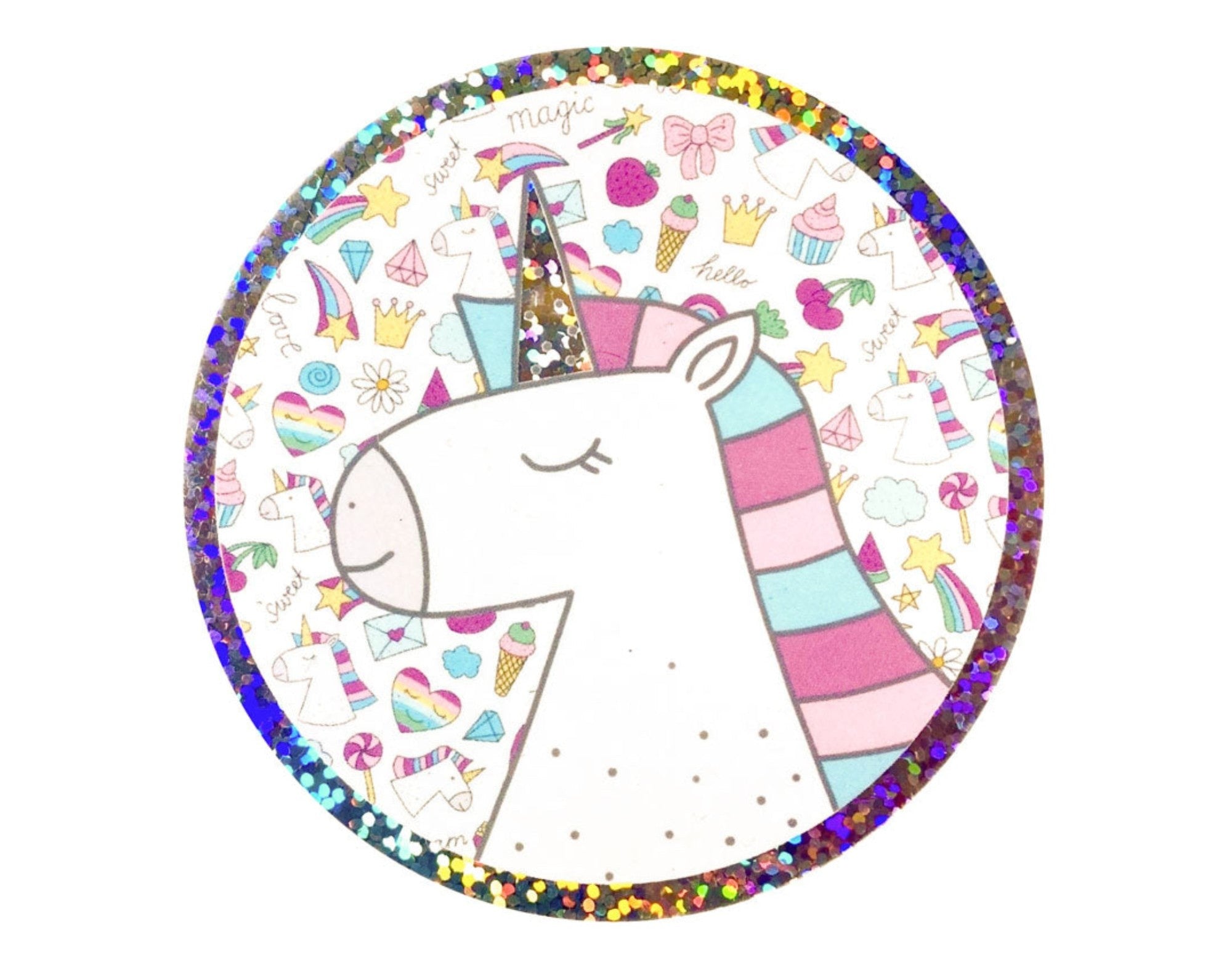 Naklejka jednorożec Jabalou, holograficzna i wodoodporna, do personalizacji lunch boxa lub bidonu, trwała i bezpieczna dla dzieci.