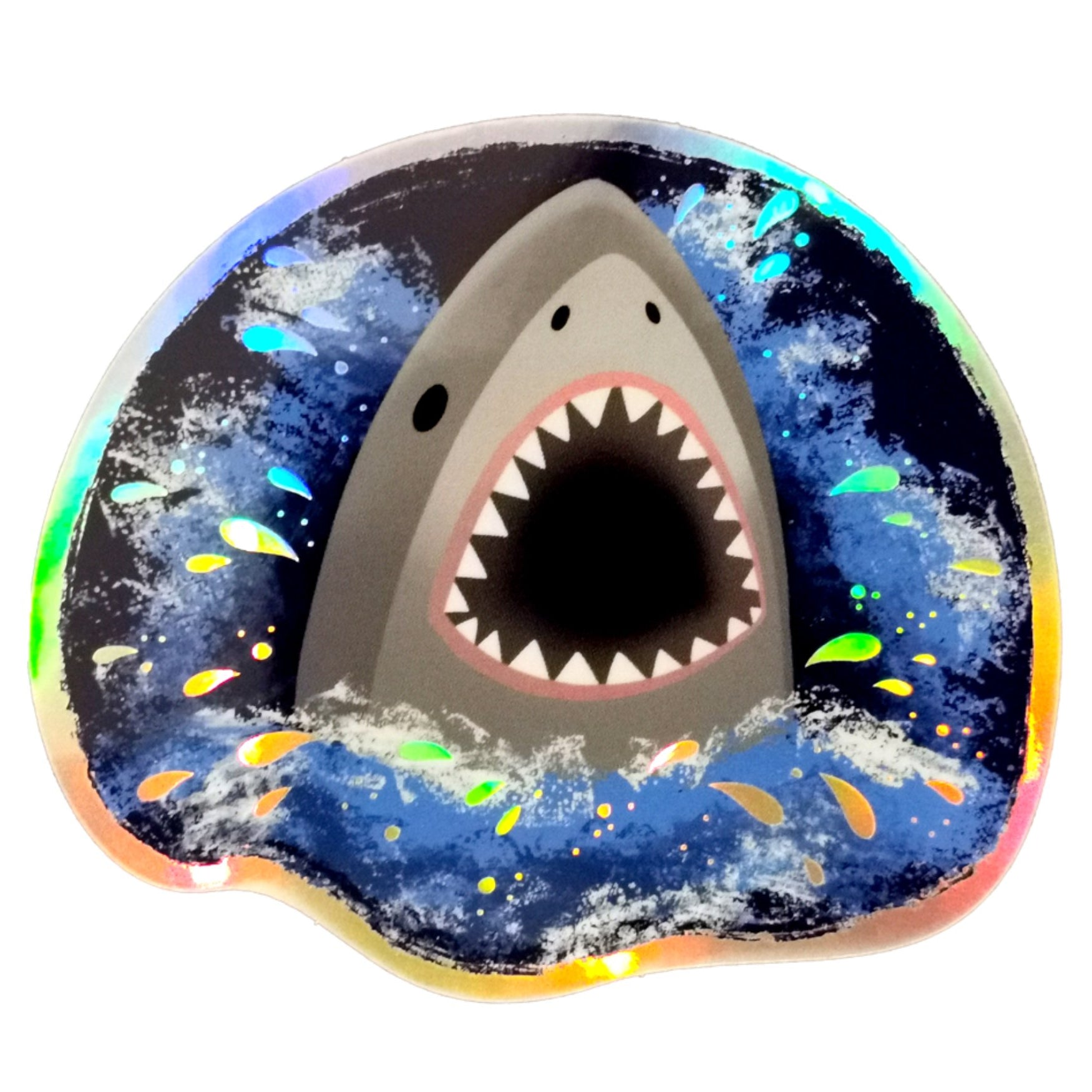 Naklejka rekin Jabalou, holograficzna i wodoodporna, do personalizacji lunch boxa lub bidonu, trwała i bezpieczna dla dzieci.