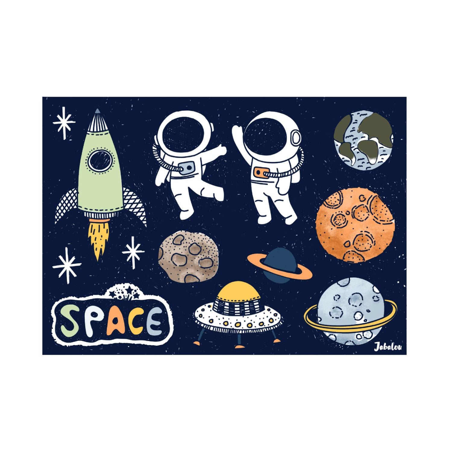 Naklejki kosmos Jabalou, kolorowe i wodoodporne, z trwałym klejem, idealne do personalizacji lunch boxa, bidonu lub butelki dziecka.