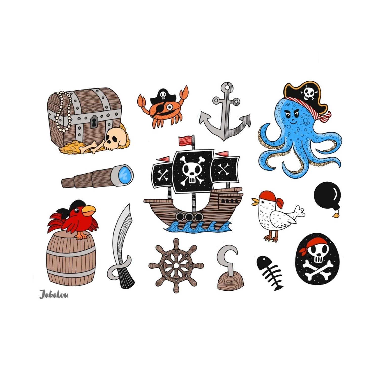 Naklejki piraci Jabalou, kolorowe i wodoodporne, z trwałym klejem, idealne do personalizacji lunch boxa, bidonu lub butelki dziecka.