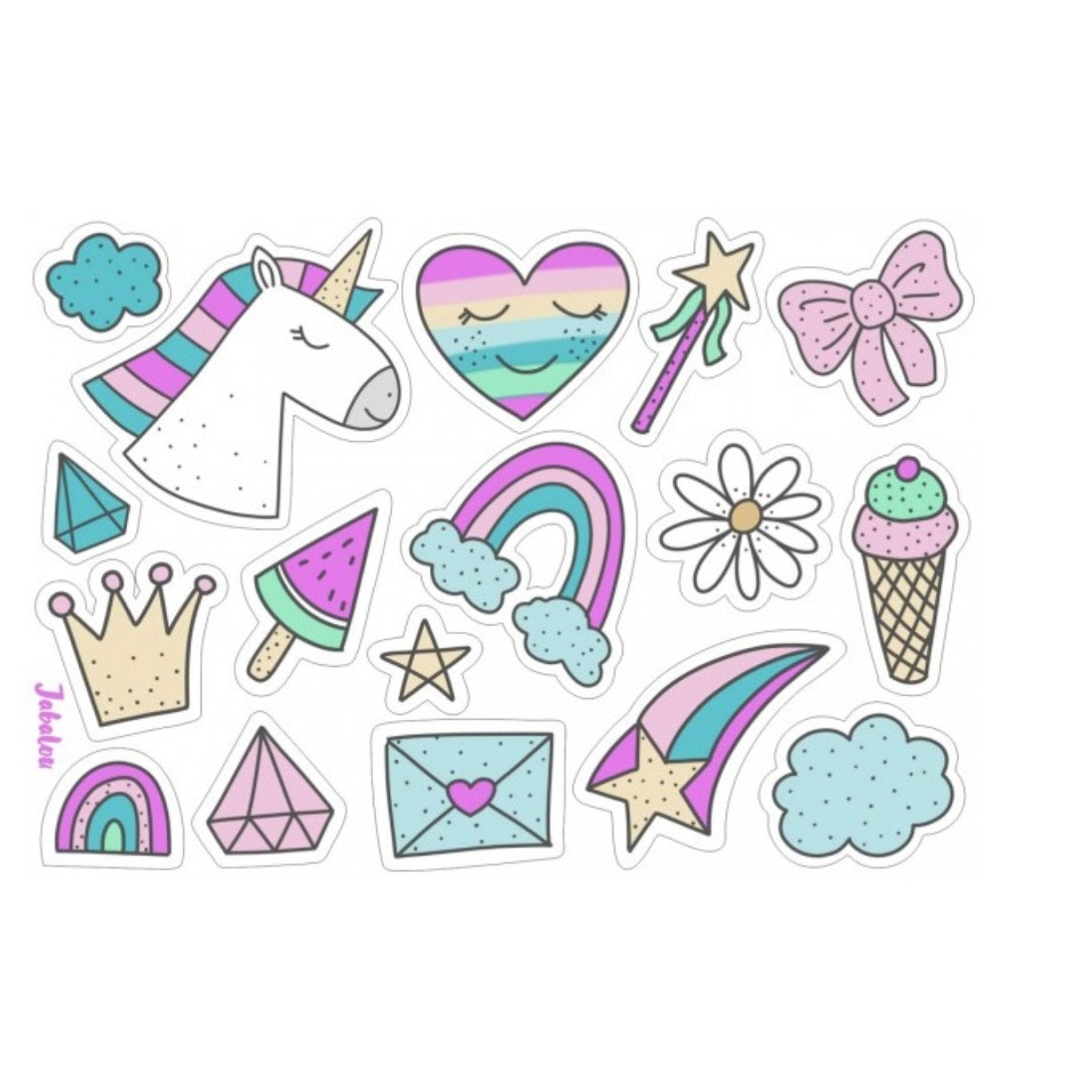 Naklejki tęczowy świat Jabalou, kolorowe i wodoodporne, z trwałym klejem, idealne do personalizacji lunch boxa, bidonu lub butelki dziecka.