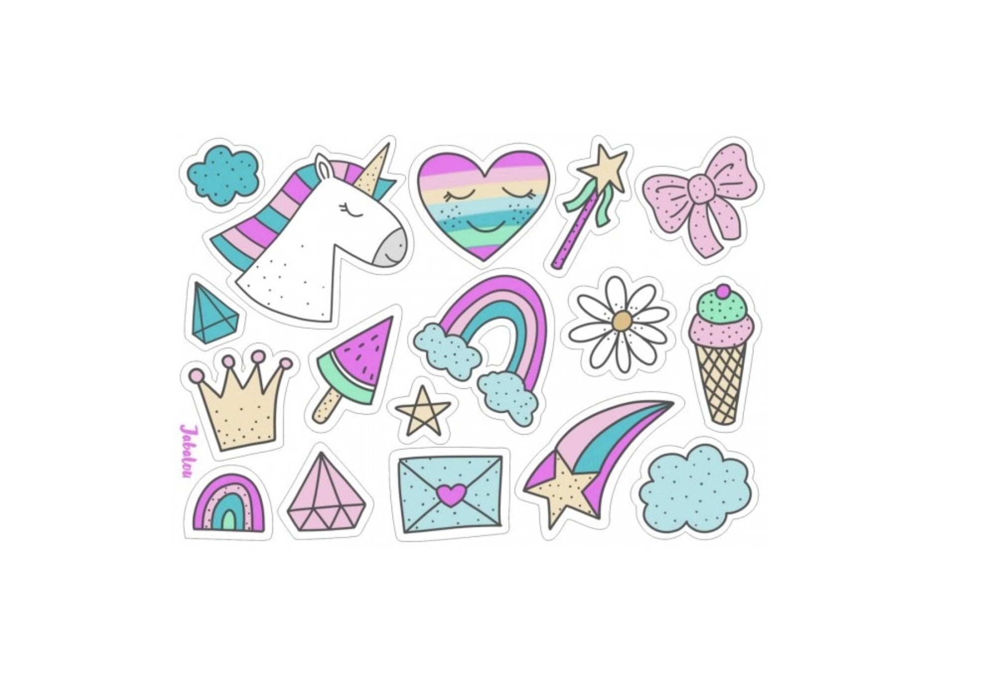 Naklejki tęczowy świat Jabalou, kolorowe i wodoodporne, z trwałym klejem, idealne do personalizacji lunch boxa, bidonu lub butelki dziecka.