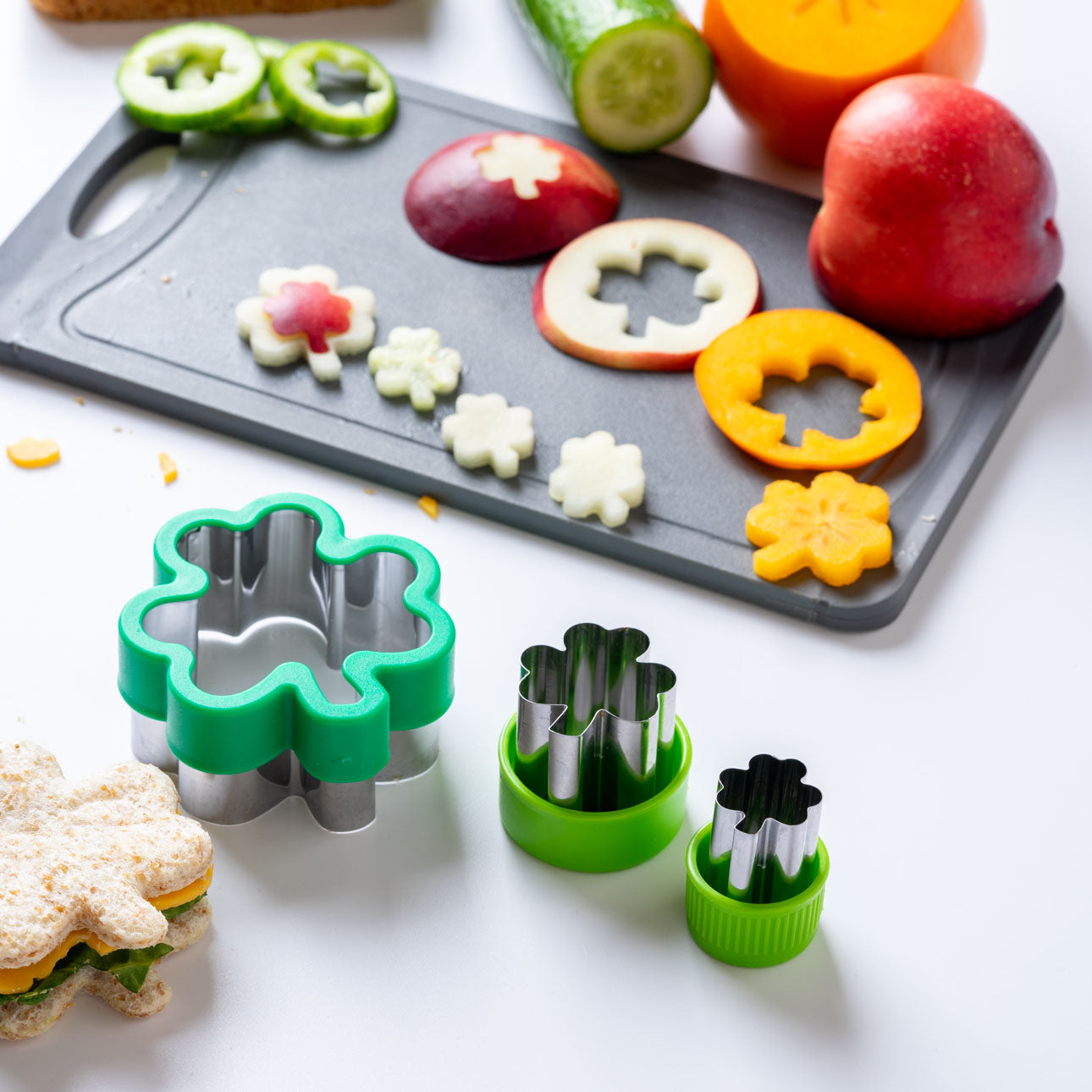 Wykrawacze Lekkabox koniczyna – zestaw 3 rozmiarów, stal nierdzewna, bezpieczne uchwyty, idealne do owoców, warzyw, kanapek i ciasteczek