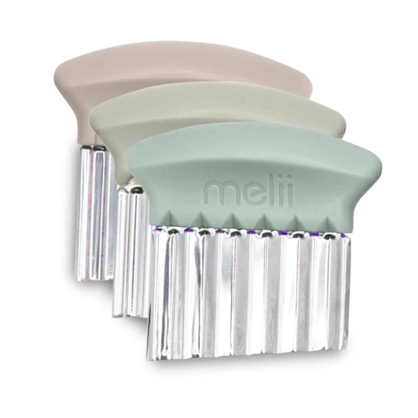 Zestaw 3 noży karbowanych Melii Sage - trzy wzory (fala, zygzag, kanty), antypoślizgowy uchwyt, bezpieczne materiały, stal nierdzewna, do krojenia warzyw, owoców i kanapek