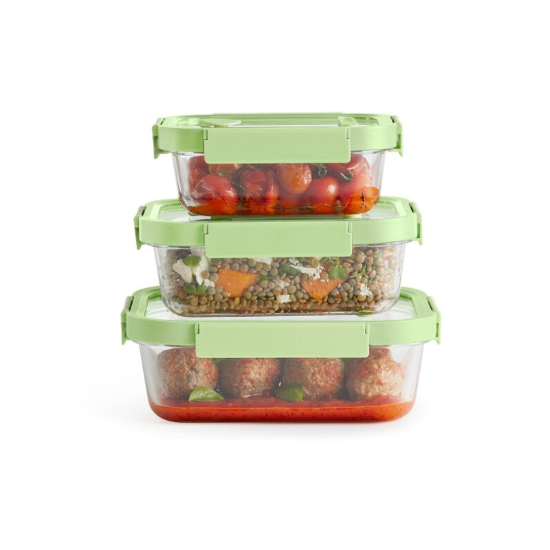 Zestaw trzech szklanych lunchboxów Lékué z silikonowymi pokrywkami