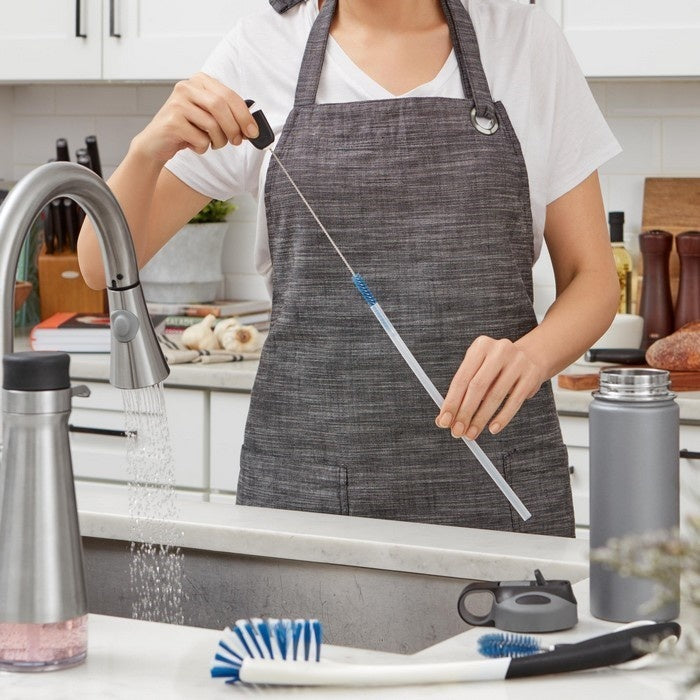 OXO Good Grips zestaw szczotek 3w1 do butelek i słomek – nylonowe włosie, antypoślizgowe uchwyty, do bidonów, kieliszków i zakrętek.