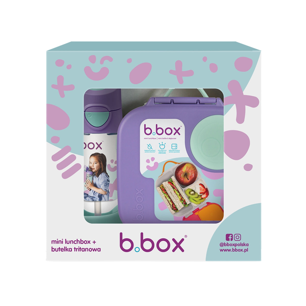 Fioletowy zestaw mini lunch box + butelka tritanowa ze słomką Lilac Pop - lekki, szczelny, wytrzymały tritan, idealny dla dzieci, dopasowany kolorystycznie, łatwe otwieranie, bezpieczne materiały