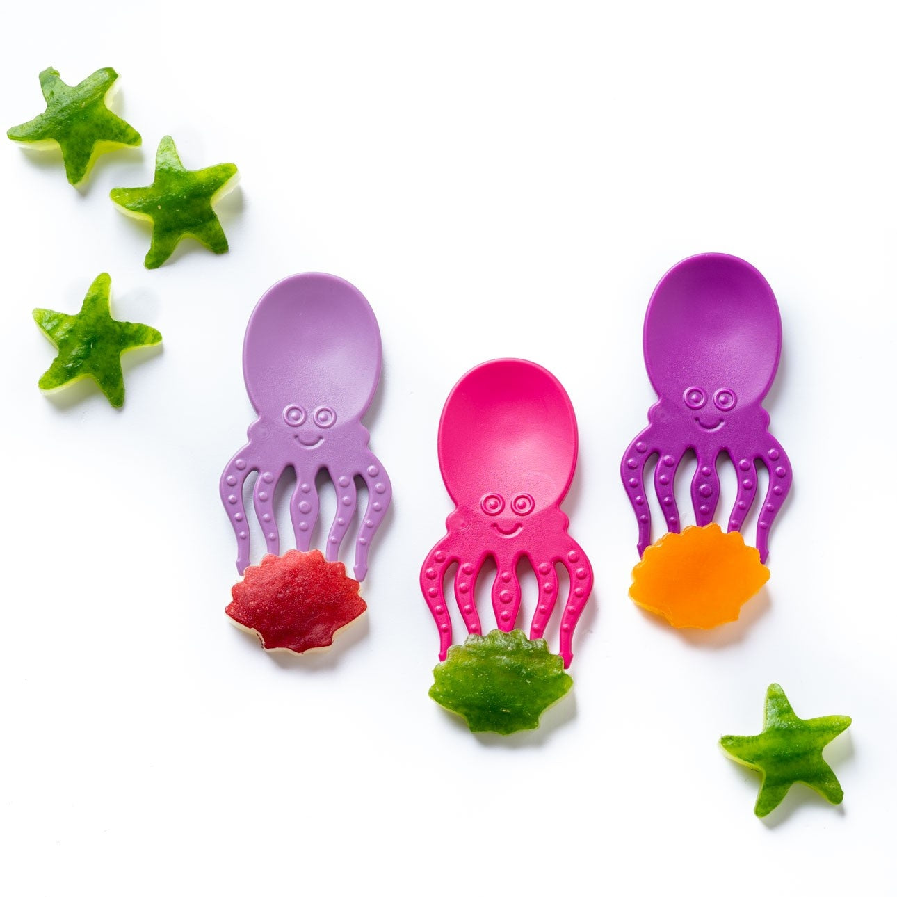 Fioletowe mini łyżkowidelce dla dzieci Pieksi Griffel Spork z ośmiornicą