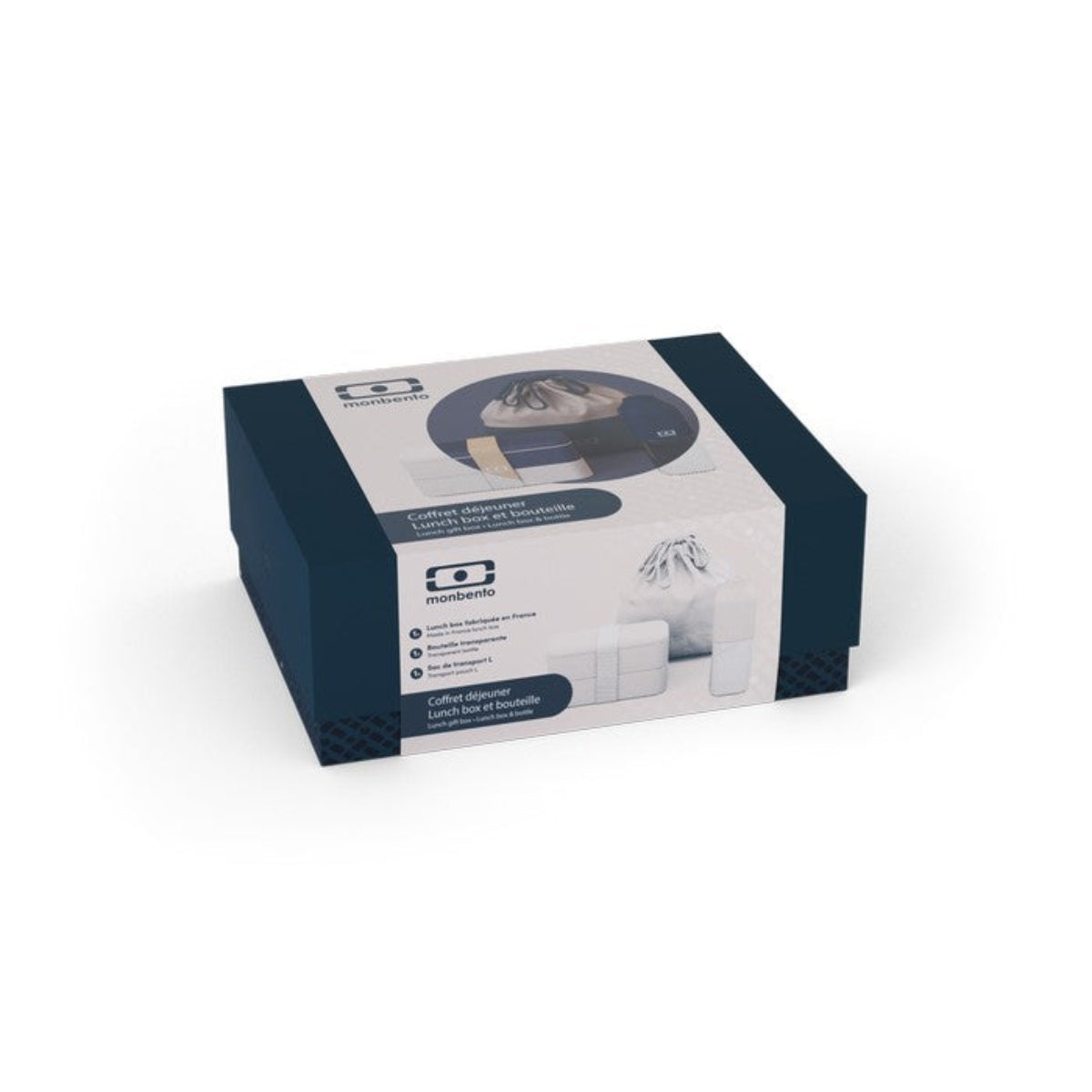 Monbento Gift Box Blue Natural – zestaw prezentowy, lunchbox 1 L, butelka 0,5 L i torba, szczelny, stylowy i idealny na prezent, kolor: niebieski