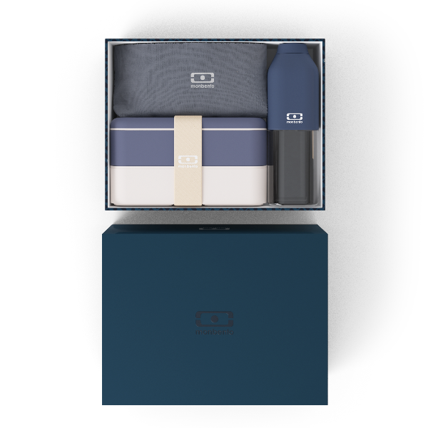 Monbento Gift Box Blue Natural – zestaw prezentowy, lunchbox 1 L, butelka 0,5 L i torba, szczelny, stylowy i idealny na prezent, kolor: niebieski