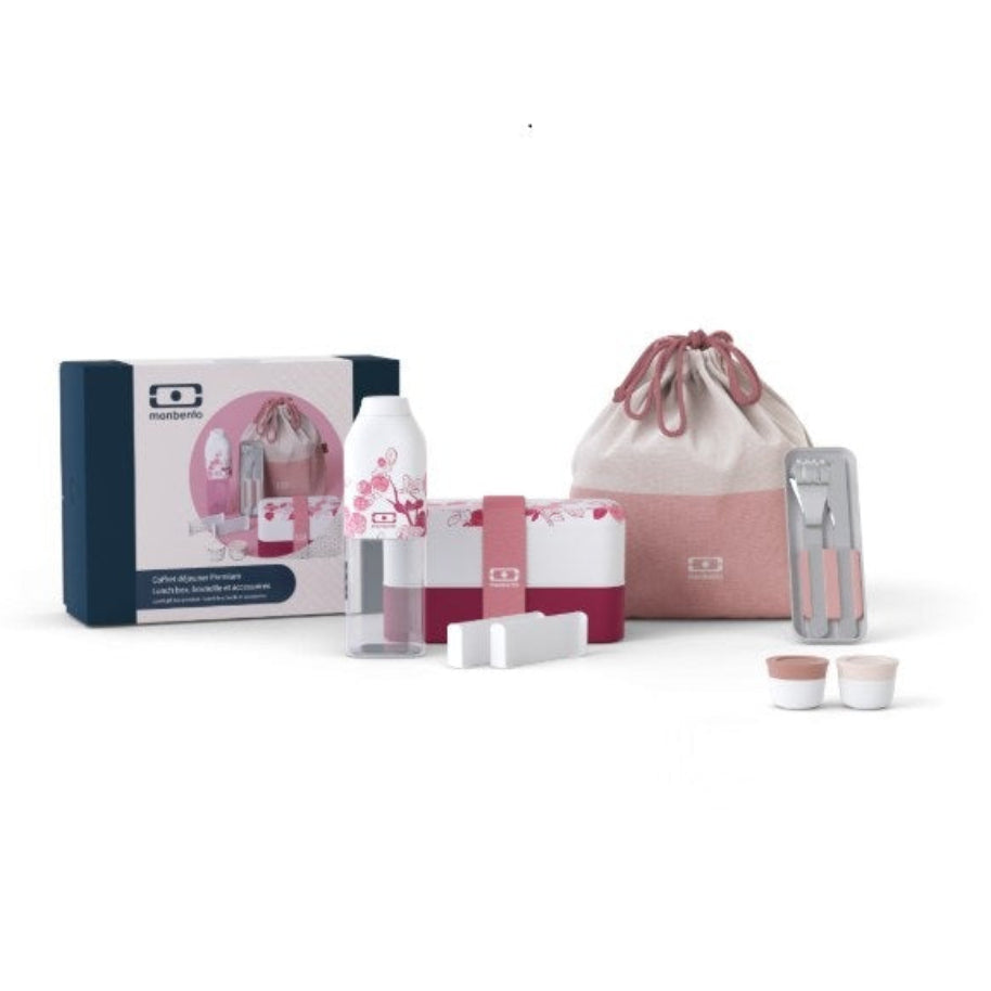 Monbento Gift Box Magnolia – zestaw prezentowy, lunchbox 1 L, butelka 0,5 L i torba, zestaw sztućców, szczelny, stylowy i idealny na prezent, kolor: różowy
