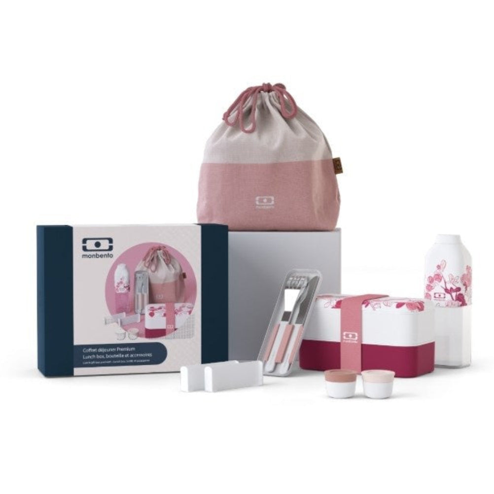 Monbento Gift Box Magnolia – zestaw prezentowy, lunchbox 1 L, butelka 0,5 L i torba, zestaw sztućców, szczelny, stylowy i idealny na prezent, kolor: różowy