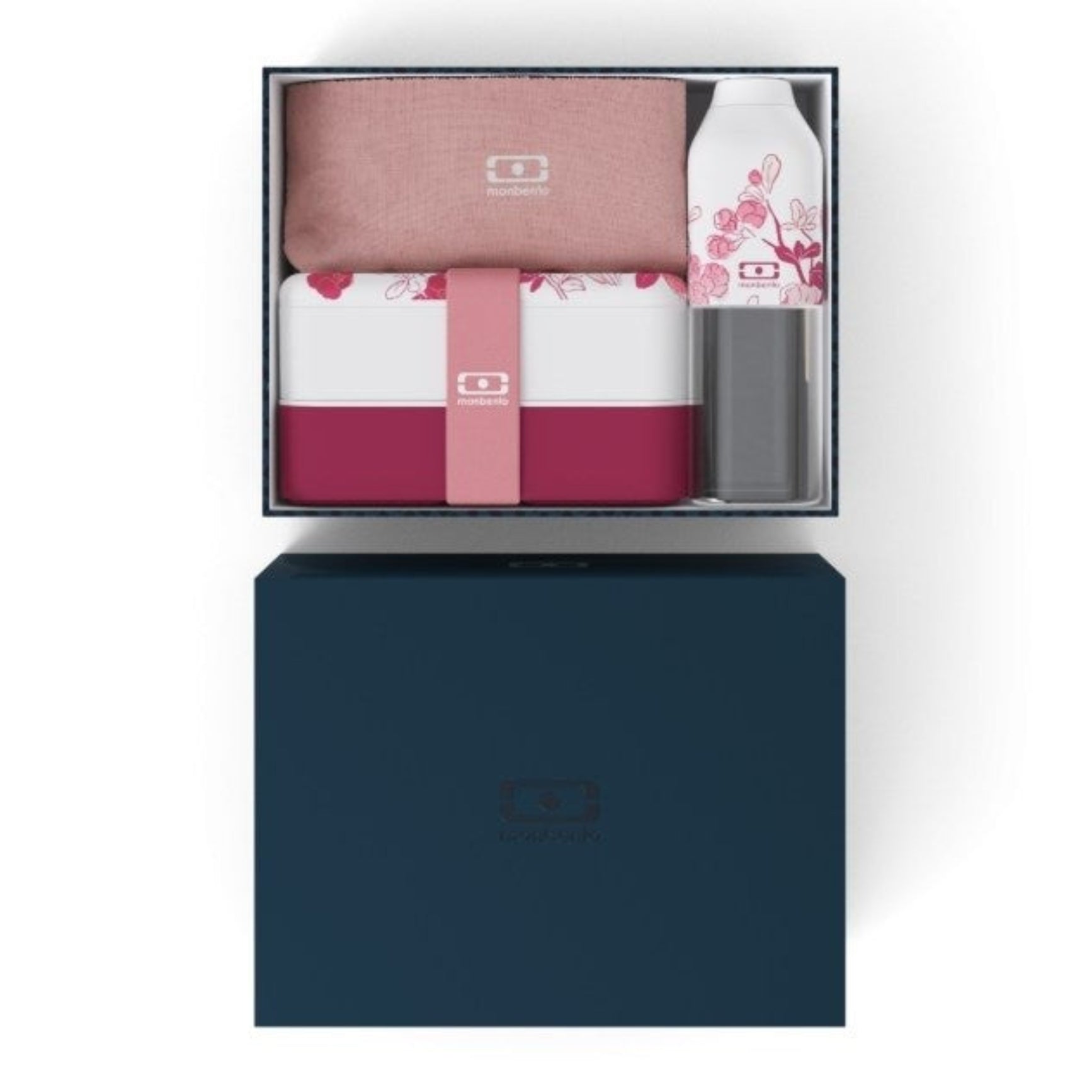Monbento Gift Box Magnolia – zestaw prezentowy, lunchbox 1 L, butelka 0,5 L i torba, zestaw sztućców, szczelny, stylowy i idealny na prezent, kolor: różowy