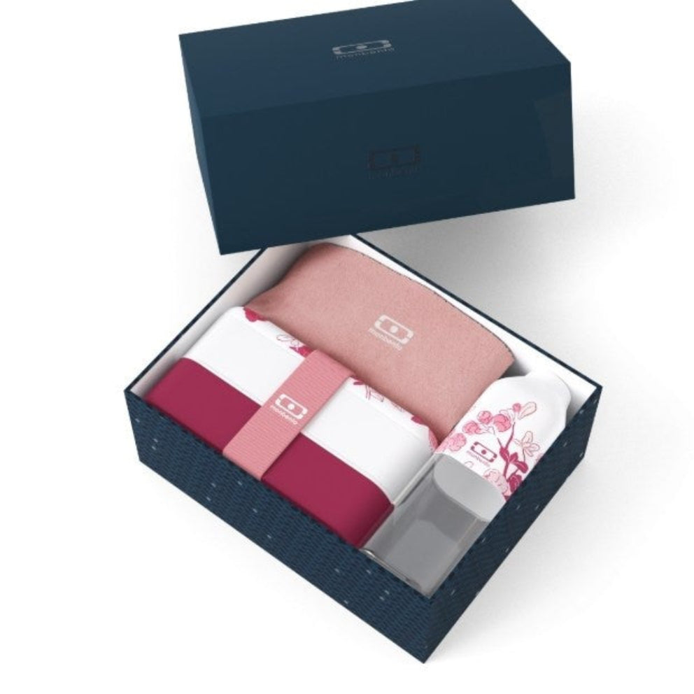 Monbento Gift Box Magnolia – zestaw prezentowy, lunchbox 1 L, butelka 0,5 L i torba, zestaw sztućców, szczelny, stylowy i idealny na prezent, kolor: różowy
