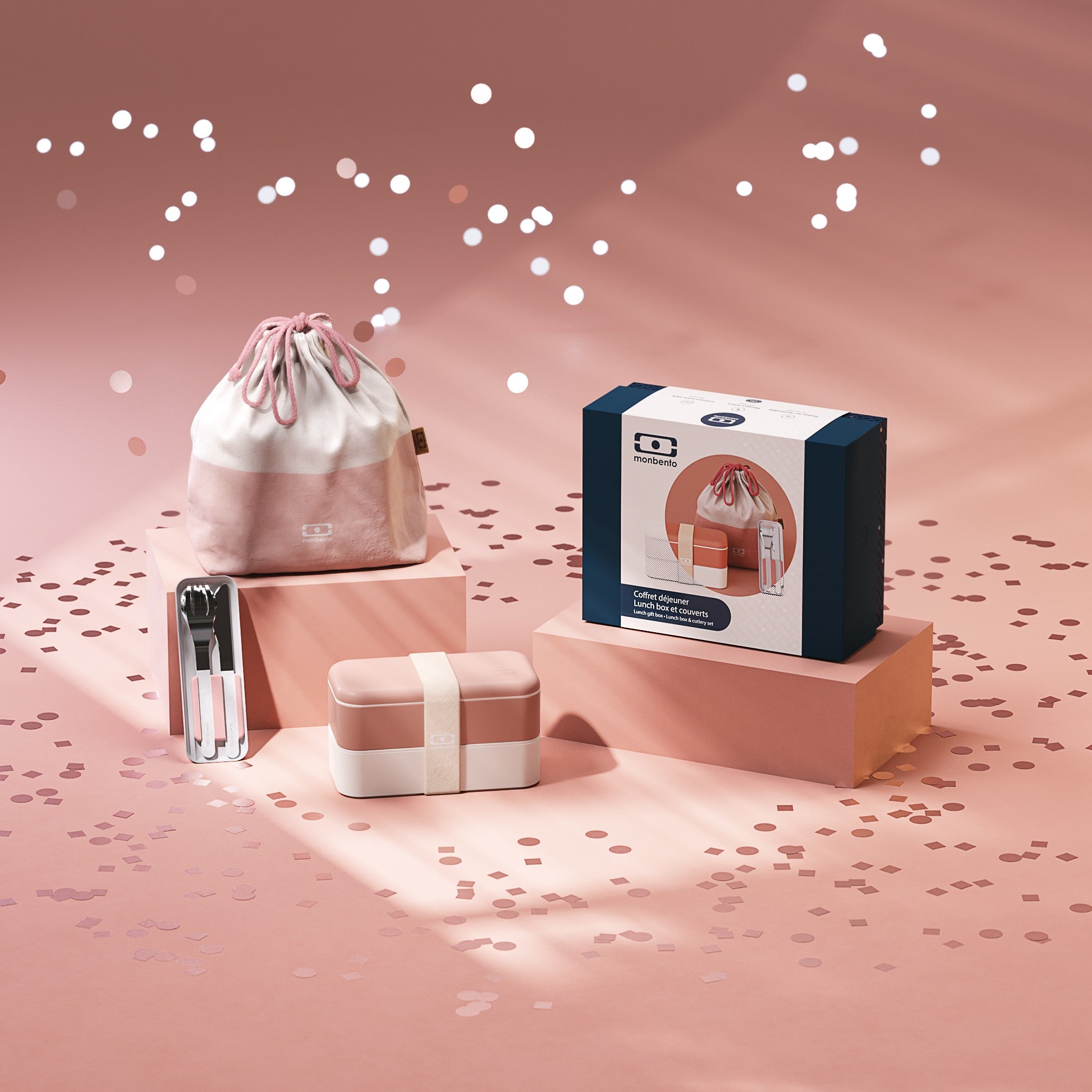 Monbento Gift Box Moka – zestaw prezentowy, lunchbox 1 L, butelka 0,5 L i torba, szczelny, stylowy i idealny na prezent, kolor: różowy