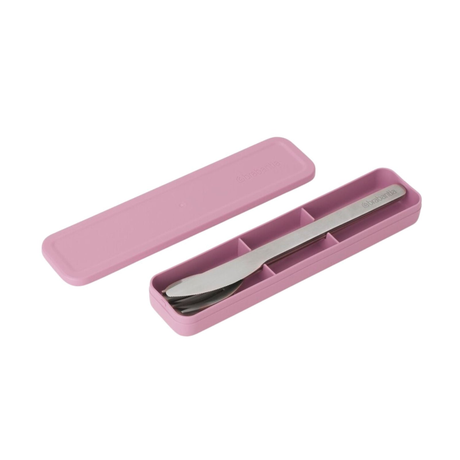 Zestaw sztućców Make&Take Lilac Pink od Brabantia - nóż, łyżka i widelec, stal nierdzewna, etui, wielokrotnego użytku, kompaktowe, na wynos, kolor: różowy