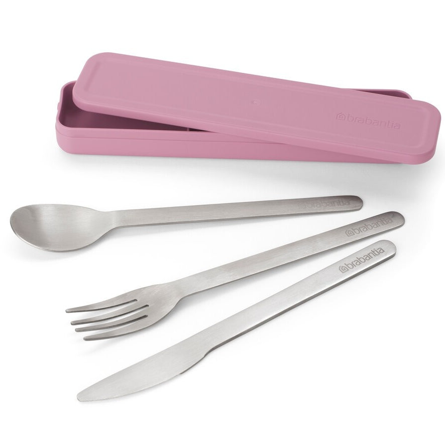 Zestaw sztućców Make&Take Lilac Pink od Brabantia - nóż, łyżka i widelec, stal nierdzewna, etui, wielokrotnego użytku, kompaktowe, na wynos, kolor: różowy