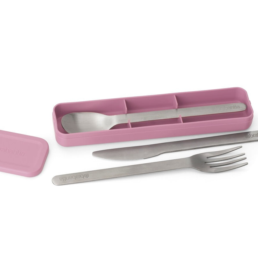 Zestaw sztućców Make&Take Lilac Pink od Brabantia - nóż, łyżka i widelec, stal nierdzewna, etui, wielokrotnego użytku, kompaktowe, na wynos, kolor: różowy