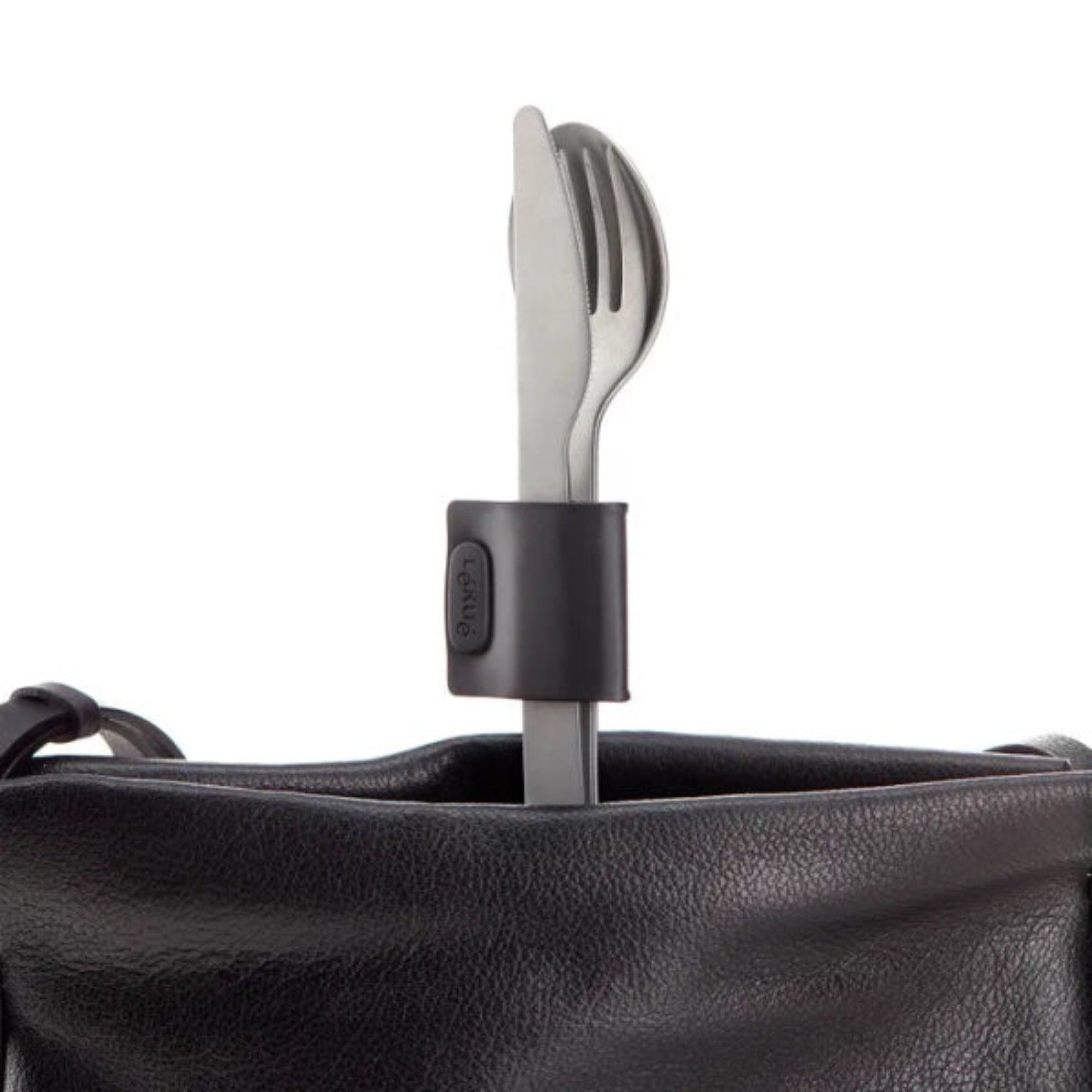 Zestaw sztućców Lekue To Go Basic – stal nierdzewna, widelec, nóż i łyżka z opaską silikonową