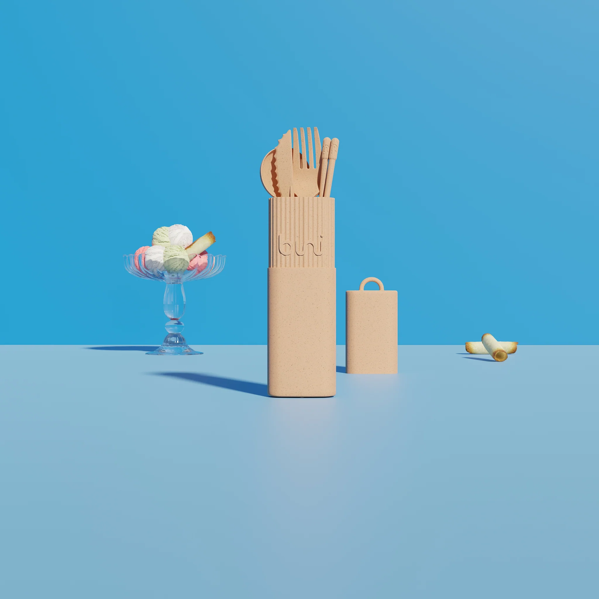 Zestaw sztućców podróżnych Bini Kit w matowym beżowym etui