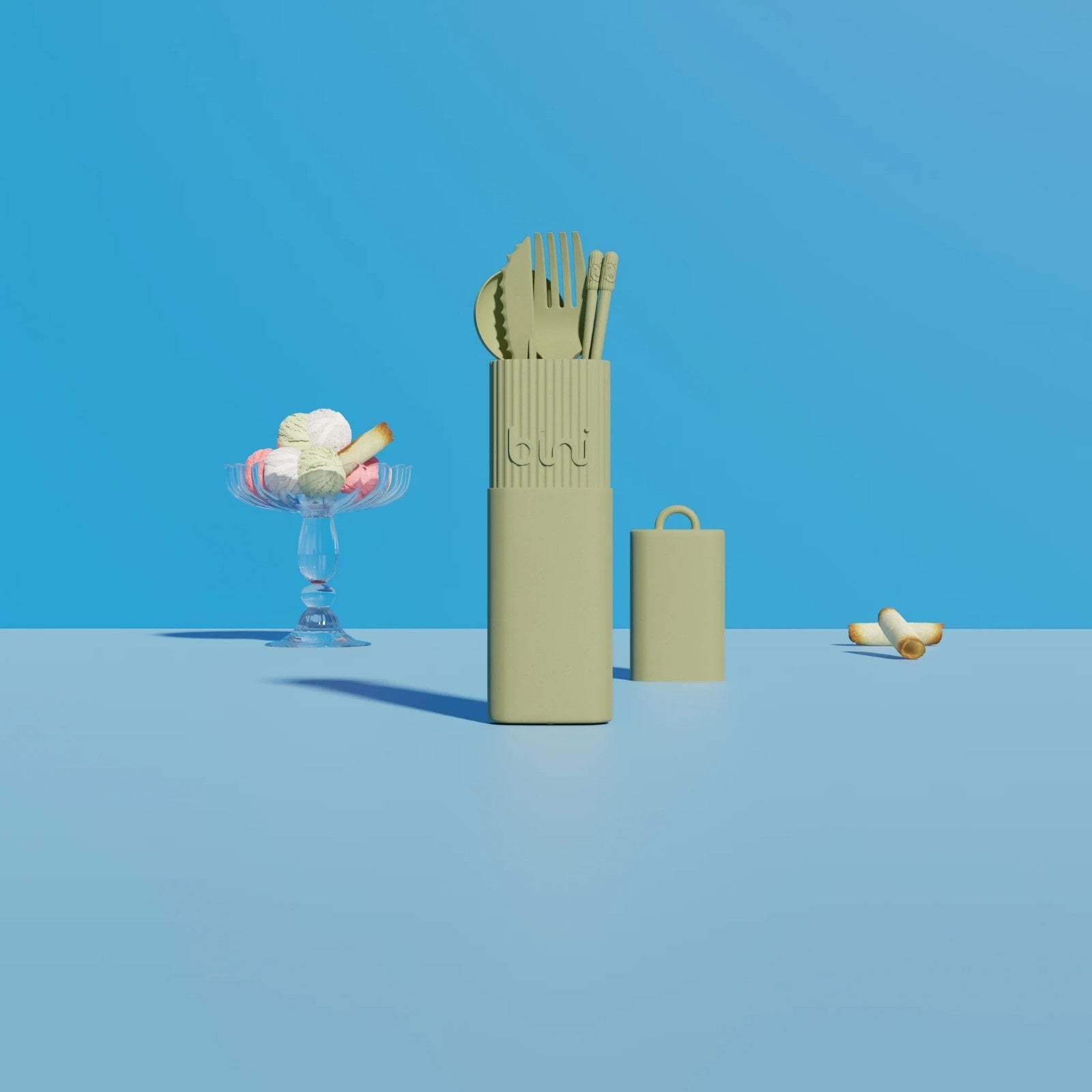 Przenośny zestaw sztućców Bini Kit w sztywnym oliwkowym opakowaniu