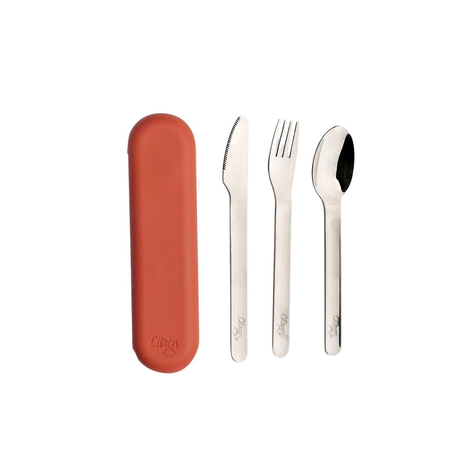 Zestaw sztućców Citron Brick ze stali nierdzewnej 304 z silikonowym etui, kompaktowy, bez BPA, idealny do lunch boxa, kolor: czerwony