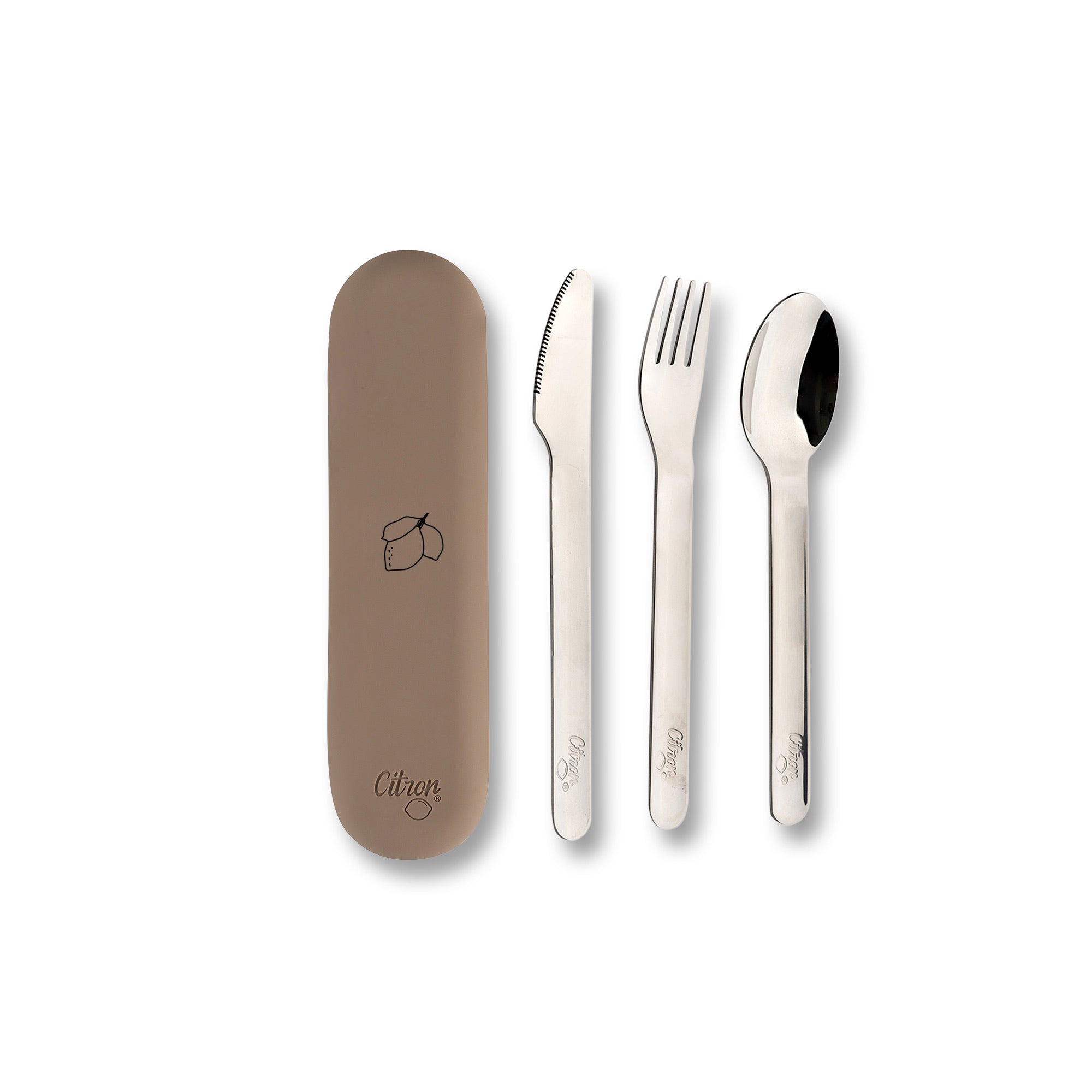 Zestaw sztućców Citron Brown ze stali nierdzewnej 304 z silikonowym etui, kompaktowy, bez BPA, idealny do lunch boxa, kolor: brązowy