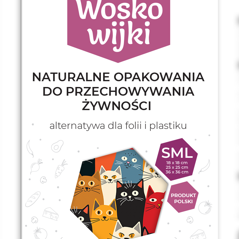 Zestaw woskowijek do kanapek BeePack® – ekologiczne, wielorazowe opakowania na żywność z naturalnych materiałów, zero plastiku, wzór: koty