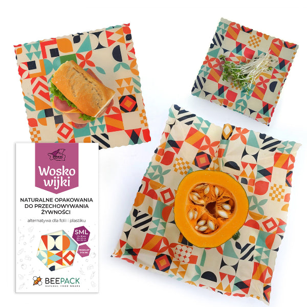 Zestaw woskowijek do kanapek BeePack® – ekologiczne, wielorazowe opakowania na żywność z naturalnych materiałów, zero plastiku, wzór: geometria