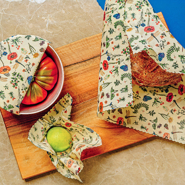 Zestaw woskowijek do kanapek BeePack® – ekologiczne, wielorazowe opakowania na żywność z naturalnych materiałów, zero plastiku, wzór: łąka