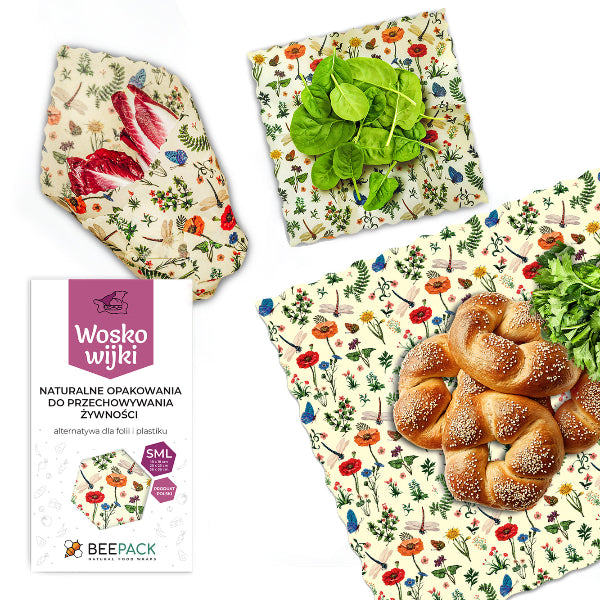 Zestaw woskowijek do kanapek BeePack® – ekologiczne, wielorazowe opakowania na żywność z naturalnych materiałów, zero plastiku, wzór: łąka