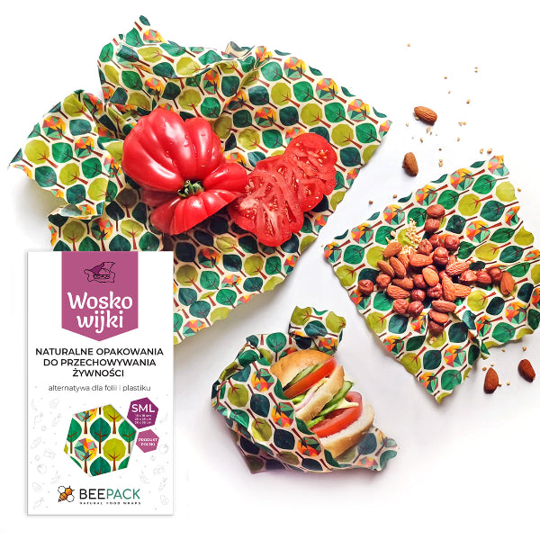 Zestaw woskowijek do kanapek BeePack® – ekologiczne, wielorazowe opakowania na żywność z naturalnych materiałów, zero plastiku, wzór: drzewa