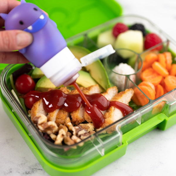 3 Mini butelki na sos Yumbox – kolorowe potworki, szczelne i łatwe w użyciu przez dzieci