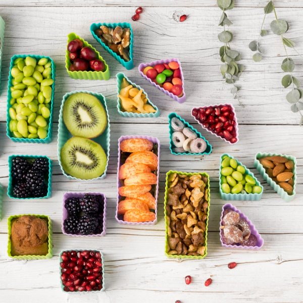 LEKKABOX Bento Triangle Rose/Lilac– elastyczne, różowe foremki trójkątne do przekąsek i mini deserów, bezpieczny silikon, łatwe czyszczenie