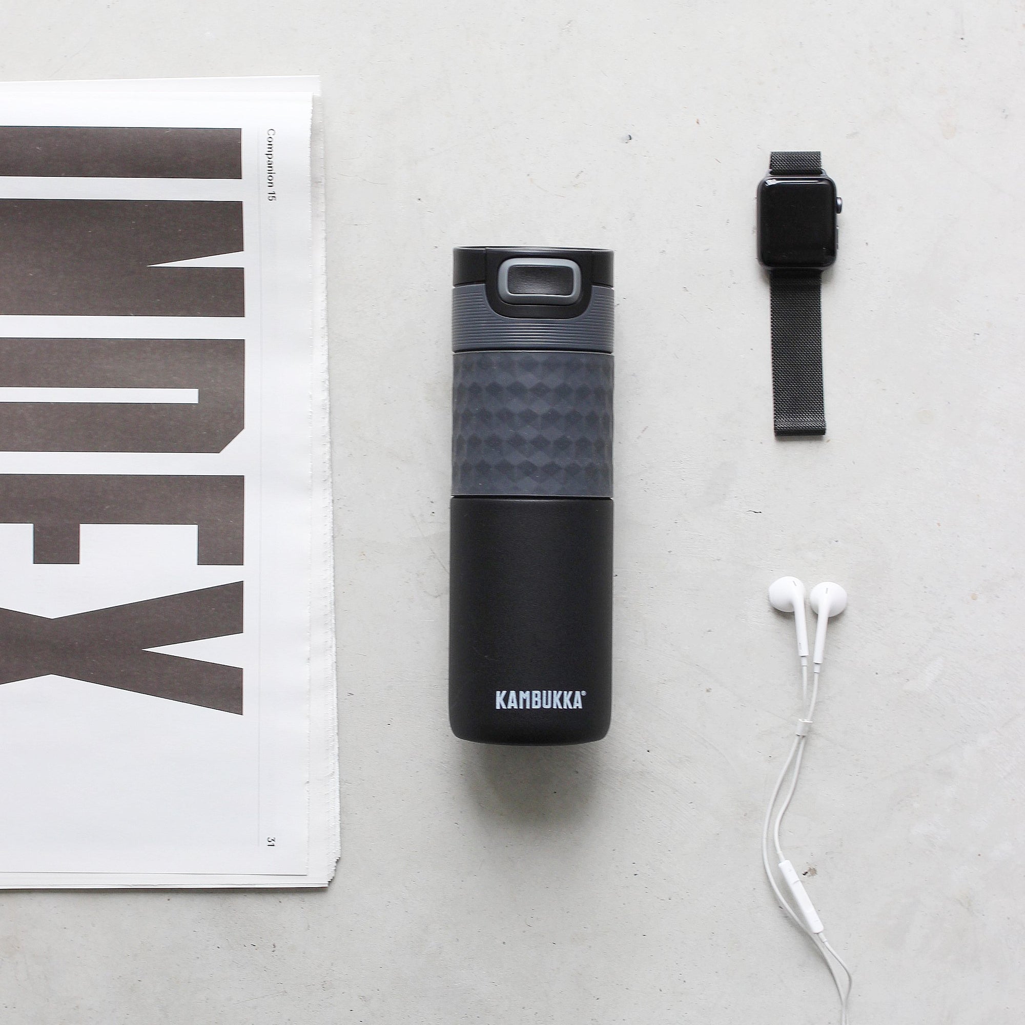 Kambukka Etna Black Steel 500 ml – stalowy kubek termiczny, nakrętka 3w1, szczelny i stylowy, utrzymuje ciepło do 9h