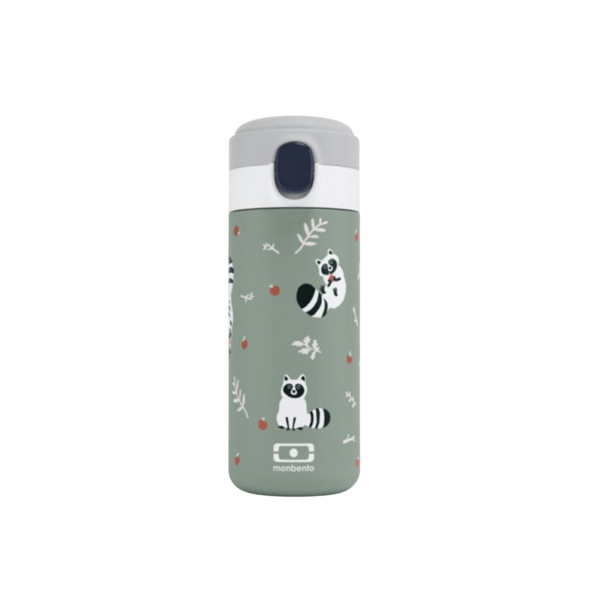 Kubek termiczny dla dzieci Monbento Pop Raccon – kompaktowy, poręczny i bezpieczny. Z izolacją próżniową, szczelny i wygodny do szkoły i na wycieczki, wzór: szop