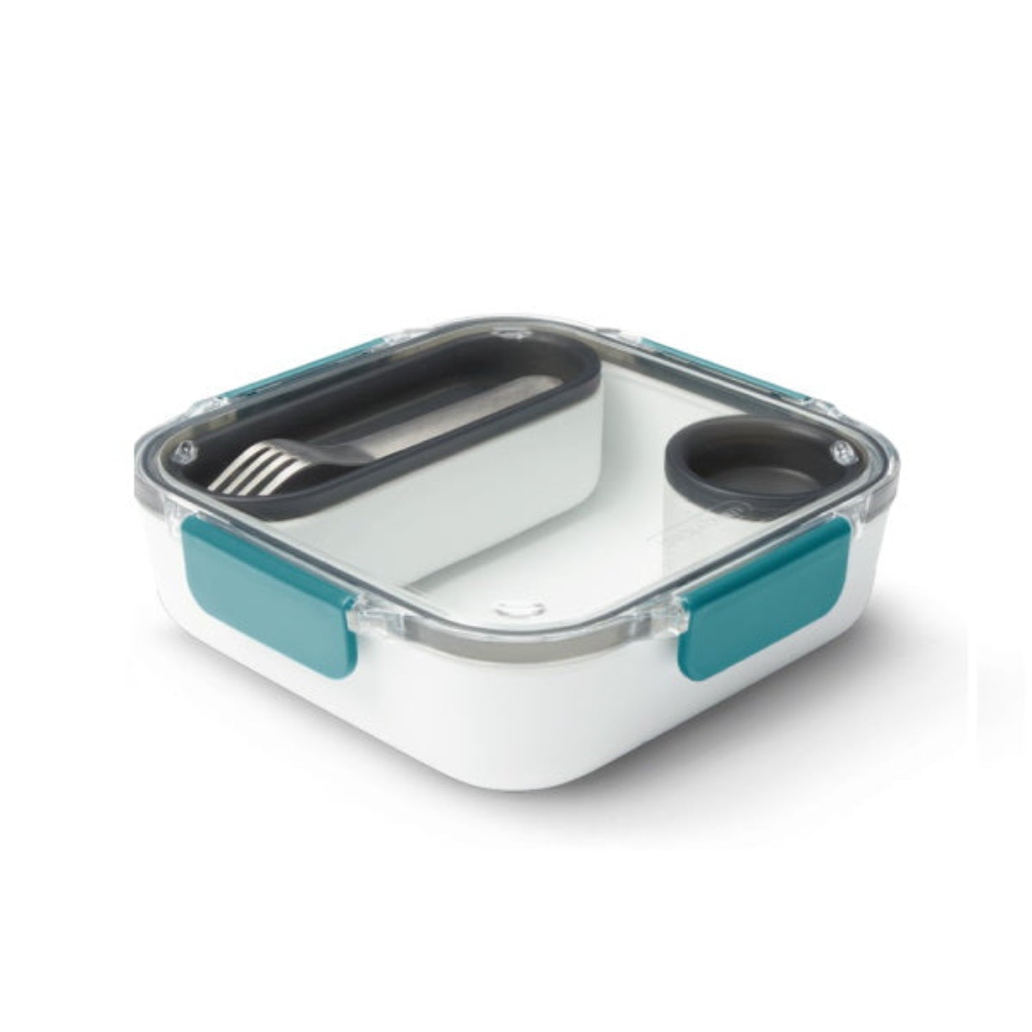 Lunchbox Black+Blum Original 1 l morski – szczelny, praktyczny i stylowy. Widelec, pojemniczek na sos i przegródka dla wygody w pracy i podróży