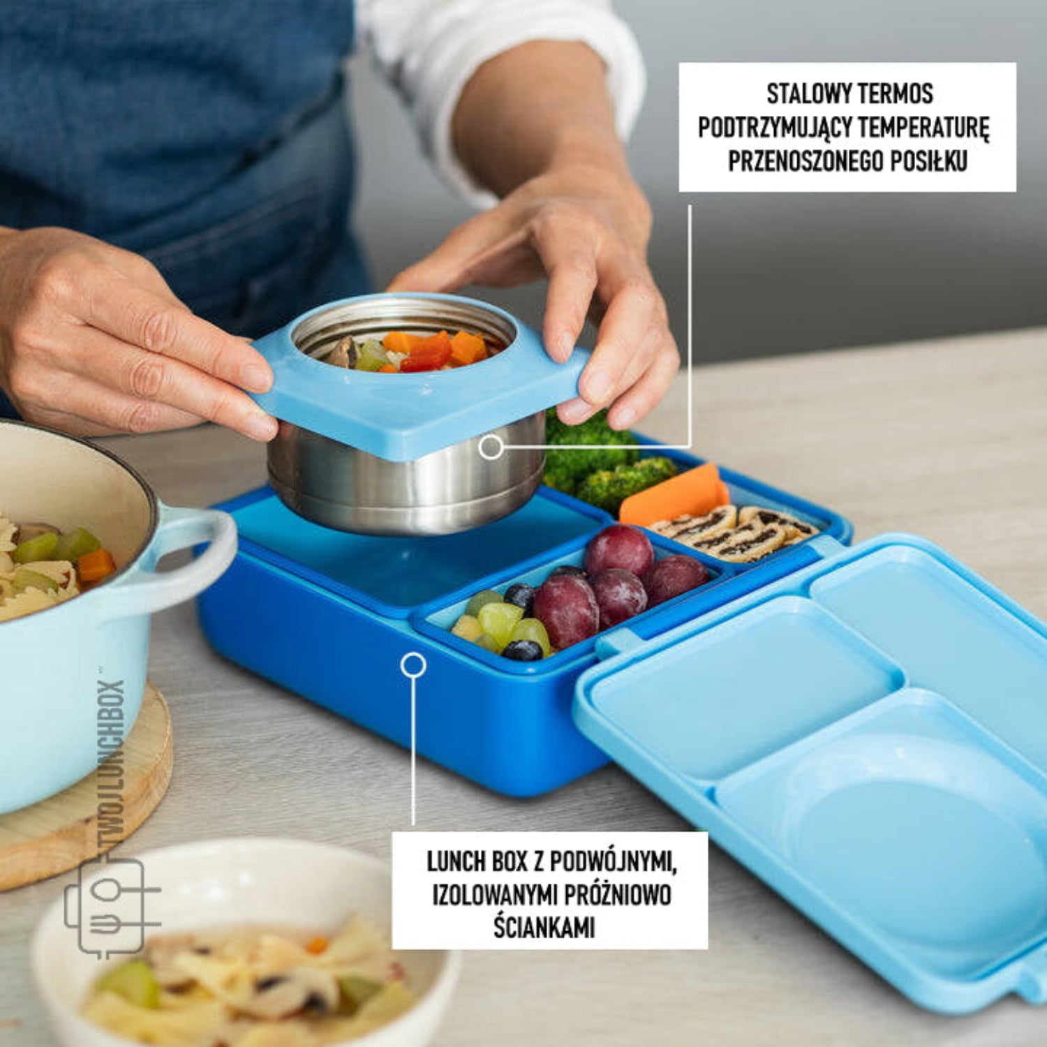 OmieBox Blue Sky – niebieski lunchbox z termosem, przegródkami i uchwytem, idealny do szkoły i przedszkola.
